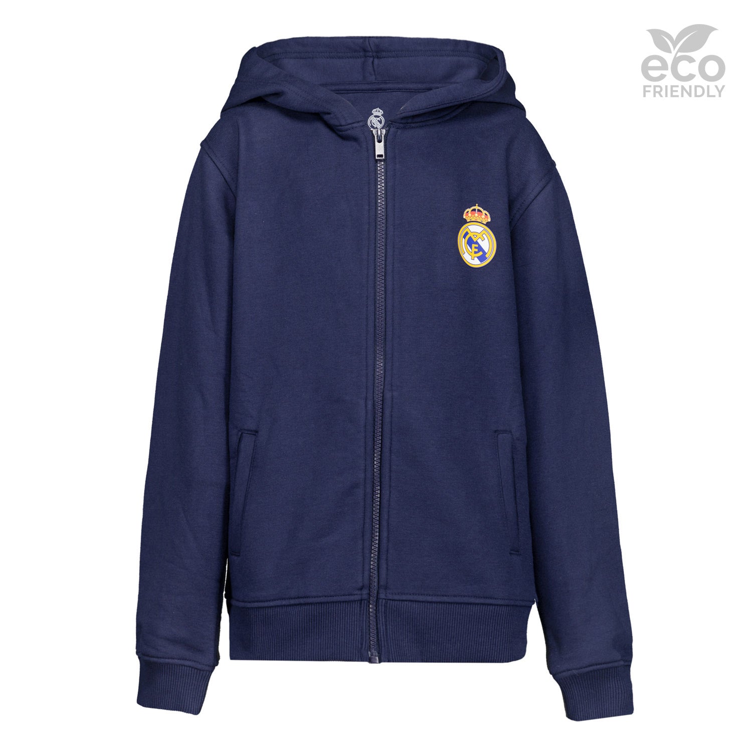 Sudadera Capucha Cremallera Niños ECO Essentials Real Madrid Escudo Azul
